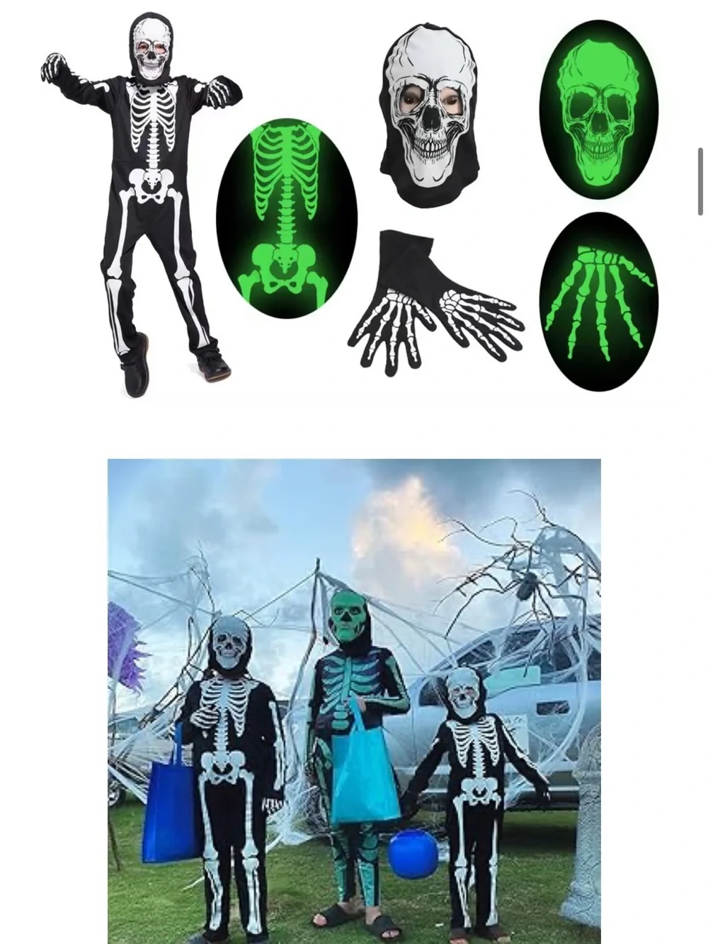 Kids Black Glow Skeleton Costume with Bone Print